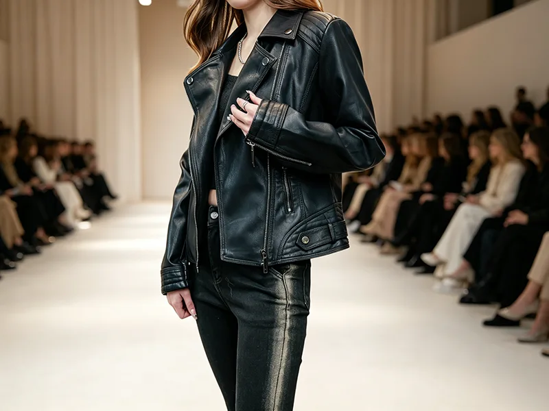 The design and wearing method of women's faux leather jackets.