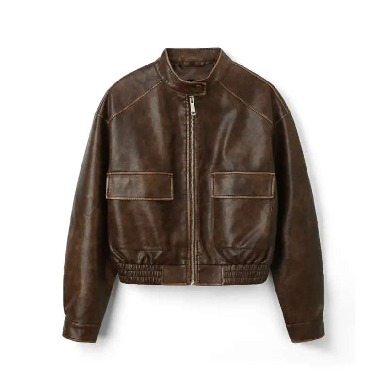 Burnished Faux Leather Biker Jacket in Maillard Style
