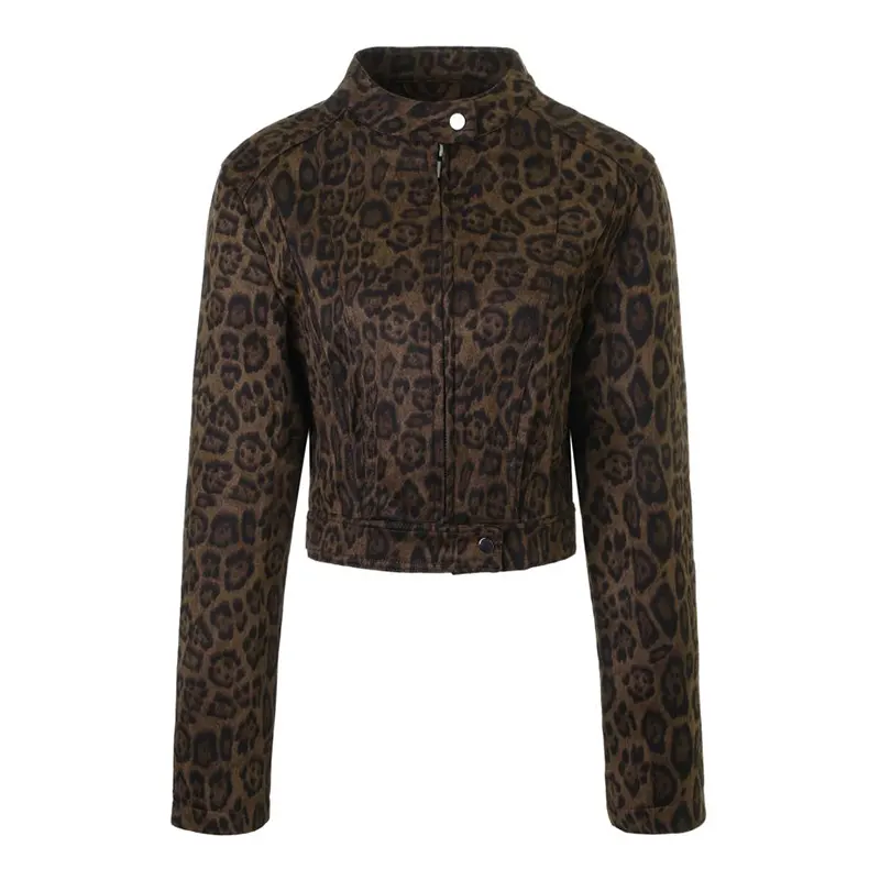 Crewneck Leopard Print Suede Cropped Jacket