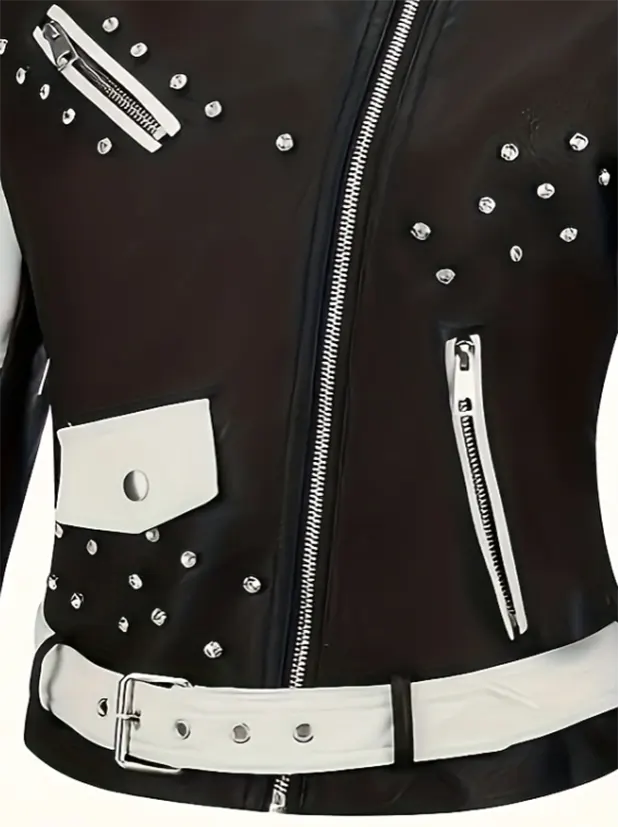 Embroidered Faux Leather Biker Jacket with Studs