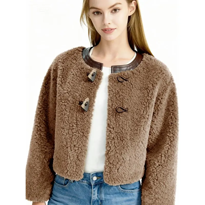 Color-block Crewneck Toggle Buttons Pocket Sherpa Jacket