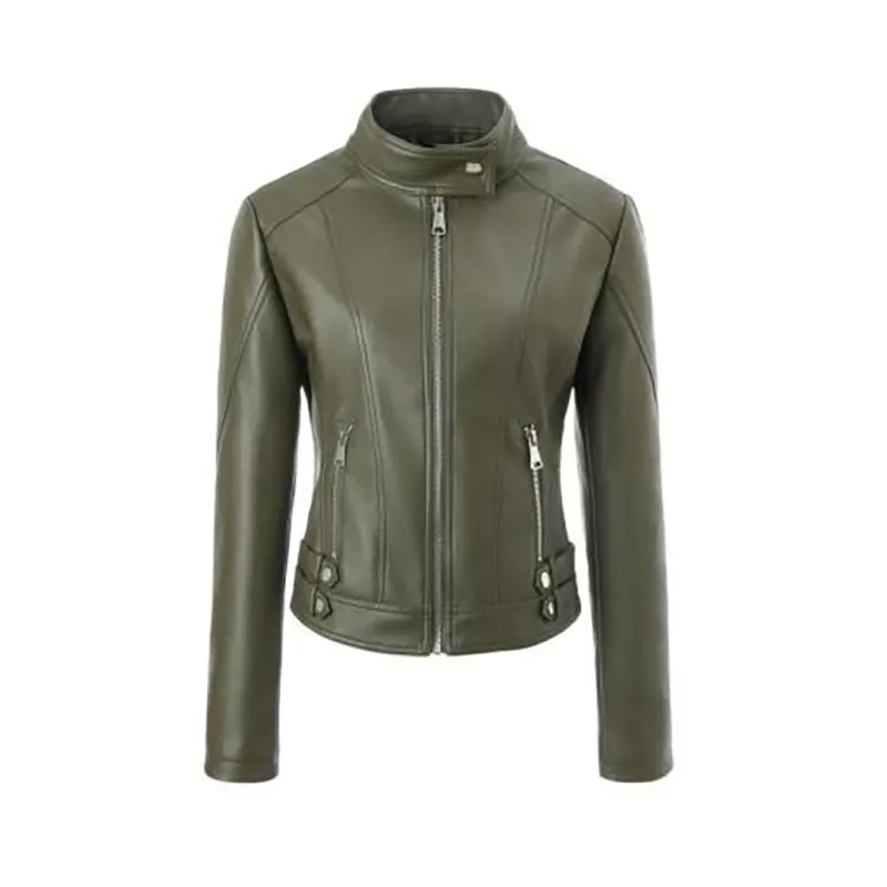 Sporty PU Leather Moto Jacket with Stand Collar