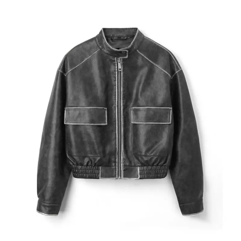 Burnished Faux Leather Biker Jacket in Maillard Style