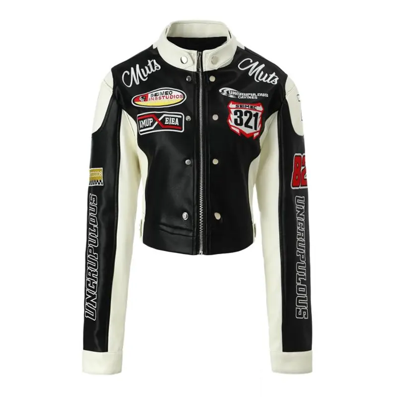 Embroidered Red and Black Color Block Racing Jacket