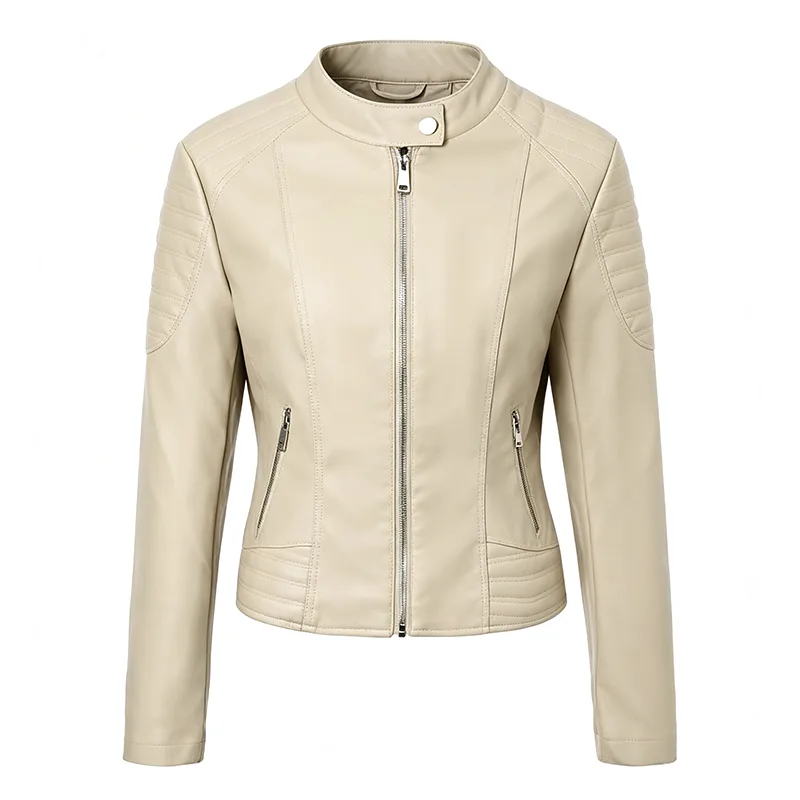 Washed Faux Leather Jacket with Stand Collar