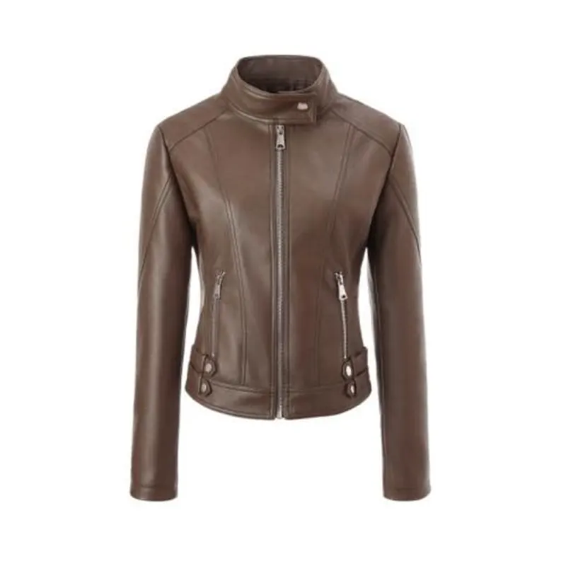 Sporty PU Leather Moto Jacket with Stand Collar