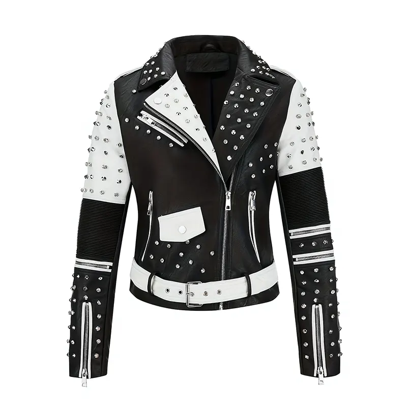 Embroidered Faux Leather Biker Jacket with Studs