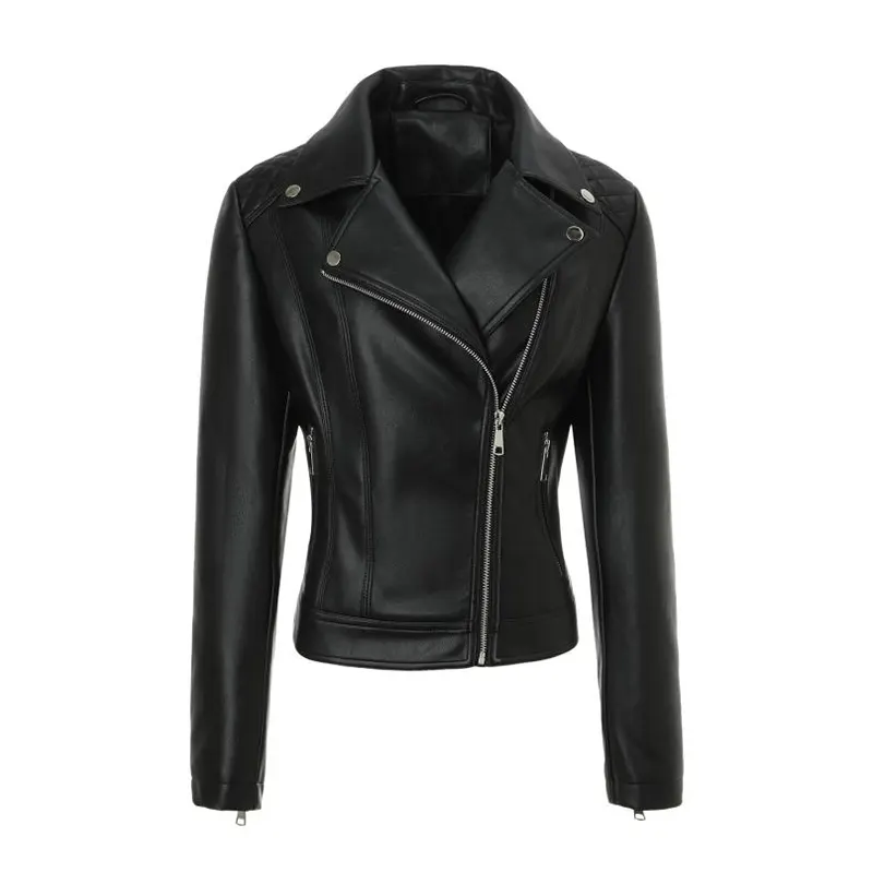Quilted Shoulder Faux Leather Jacket with Lapel