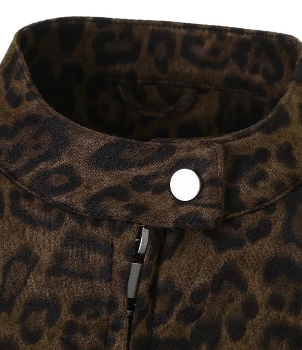 Crewneck Leopard Print Suede Cropped Jacket