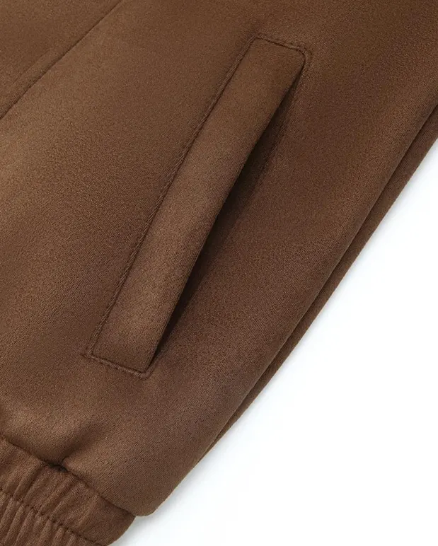 Slim Fit Elastic Cuffs and Hem Side Pockets Suede Jacket