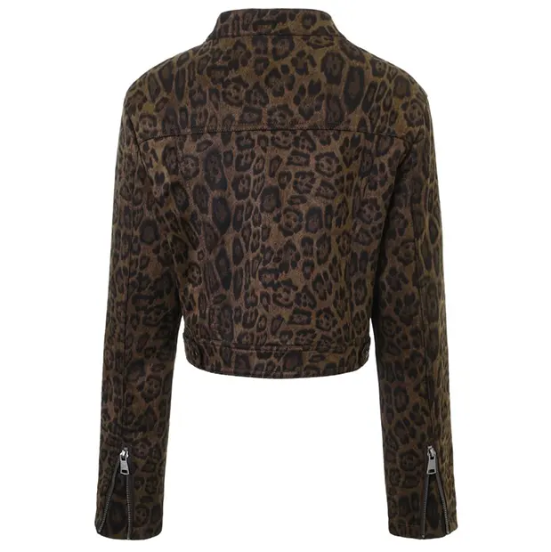 Crewneck Leopard Print Suede Cropped Jacket