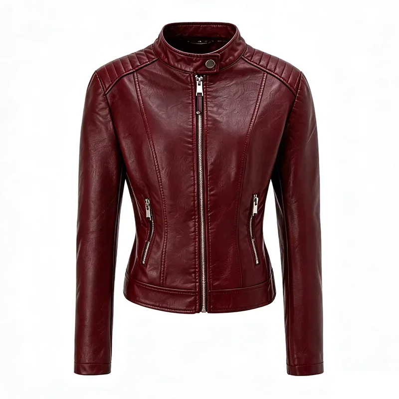 Quilted Shoulder Faux Leather Jacket with Stand Collar
